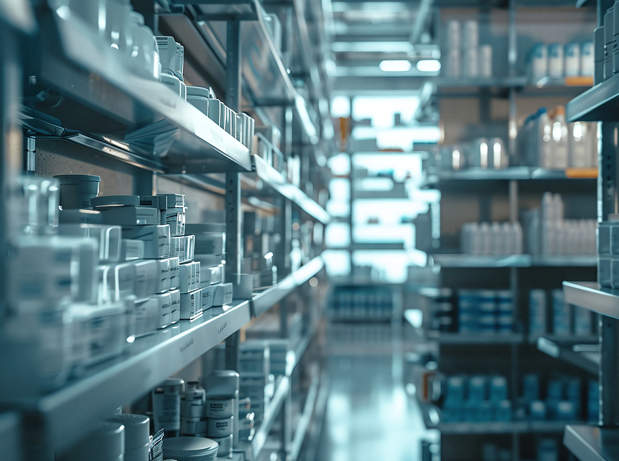 Pharmaceutical distribution shelving stocked with bottles and cartons